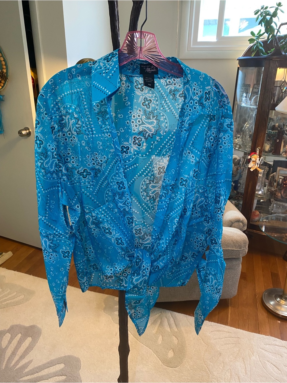Turquoise Blue silk bandanna Tie blouse or Shirt 1X